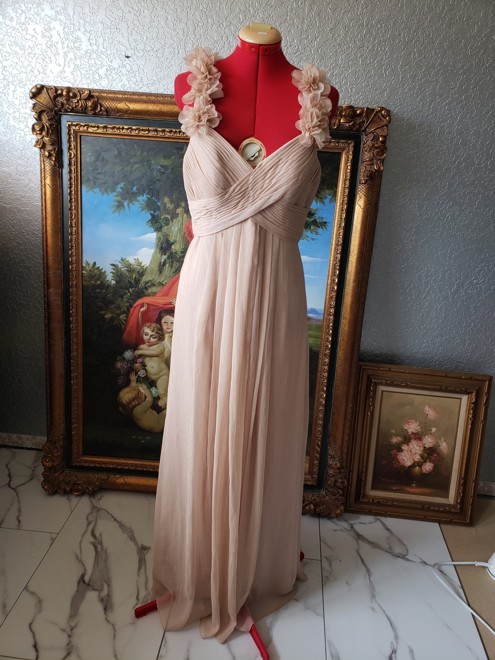 Bari Jay Nude Chiffon Maxi Gown with Floral Strap Detail